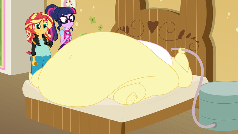 Size: 2560x1440 | Tagged: questionable, artist:neongothic, derpibooru import, edit, editor:luckyjay, editor:luckyjay7, fluttershy, sci-twi, sunset shimmer, twilight sparkle, human, equestria girls, bed, bottomless, clothes, fat, fattershy, hose, image, immobile, morbidly obese, obese, partial nudity, png