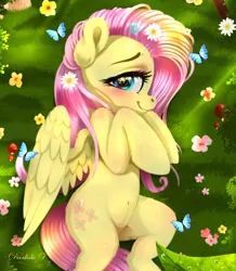 Size: 1767x2029 | Tagged: safe, artist:darksly, derpibooru import, fluttershy, butterfly, insect, pegasus, pony, bedroom eyes, belly button, blushing, body pillow, body pillow design, cute, female, flower, flower in hair, grass, image, jpeg, mare, shyabetes, solo