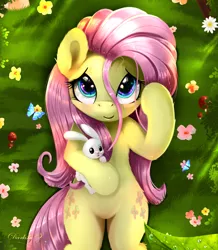 Size: 1772x2029 | Tagged: safe, artist:darksly, derpibooru import, angel bunny, fluttershy, butterfly, insect, pegasus, pony, rabbit, animal, bedroom eyes, blushing, body pillow, body pillow design, cute, female, flower, grass, image, jpeg, looking at you, male, mare, shyabetes, solo
