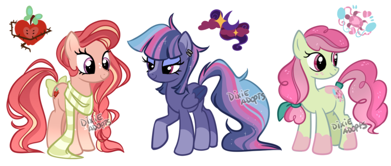 Size: 1497x637 | Tagged: safe, artist:dixieadopts, derpibooru import, oc, oc:apple poison, oc:pink ocean, oc:scandalous night, unofficial characters only, earth pony, pony, unicorn, clothes, female, freckles, image, magical lesbian spawn, mare, offspring, parent:big macintosh, parent:fluttershy, parent:pinkie pie, parent:rainbow dash, parent:sandbar, parent:twilight sparkle, parents:fluttermac, parents:sandpie, parents:twidash, png, scarf, simple background, transparent background, trio, watermark