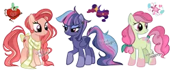 Size: 1497x637 | Tagged: safe, artist:dixieadopts, derpibooru import, oc, oc:apple poison, oc:pink ocean, oc:scandalous night, unofficial characters only, earth pony, pony, unicorn, clothes, female, freckles, image, magical lesbian spawn, mare, offspring, parent:big macintosh, parent:fluttershy, parent:pinkie pie, parent:rainbow dash, parent:sandbar, parent:twilight sparkle, parents:fluttermac, parents:sandpie, parents:twidash, png, scarf, simple background, transparent background, trio, watermark