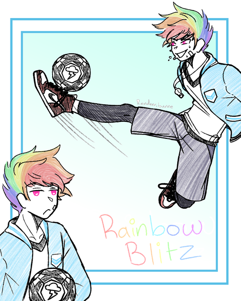 Size: 1080x1350 | Tagged: safe, artist:bunne, derpibooru import, rainbow dash, human, equestria girls, ball, clothes, colored, colored sketch, equestria guys, football, humanized, image, jacket, kicking, male, png, rainbow blitz, rule 63, shirt, shoes, shorts, sketch, smiling, smirk, sneakers, solo, sports, whistle, whistle necklace