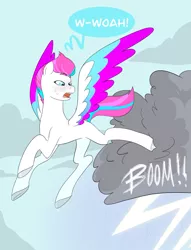 Size: 1765x2305 | Tagged: safe, artist:aztrial, derpibooru import, zipp storm, pegasus, pony, cloud, colored wings, eyebrows, female, flying, g5, image, kicking, lightning, mare, multicolored wings, open mouth, png, sky, solo, speech bubble, spread wings, stormcloud, surprised, sweat, unshorn fetlocks, wings