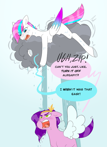 Size: 1637x2234 | Tagged: safe, artist:aztrial, derpibooru import, part of a set, pipp petals, zipp storm, pegasus, pony, annoyed, cloud, colored wings, colored wingtips, dialogue, duo, female, g5, image, mare, png, rain, stormcloud, text, water, wet, wings