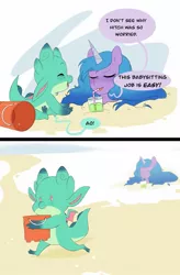 Size: 1045x1590 | Tagged: safe, artist:aztrial, derpibooru import, izzy moonbow, sparky sparkeroni, dragon, pony, unicorn, my little pony: make your mark, spoiler:my little pony: make your mark, 2 panel comic, baby, baby dragon, babysitting, beach, bucket, buried, comic, cup, cute, dialogue, drink, drinking straw, duo, duo male and female, eyebrows, eyebrows visible through hair, eyes closed, female, g5, image, implied hitch trailblazer, jpeg, male, mare, open mouth, open smile, sand, smiling, sparkybetes, speech bubble, this will end in death, this will end in tears, this will end in tears and/or death, this will not end well