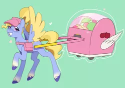 Size: 1961x1387 | Tagged: safe, artist:aztrial, derpibooru import, pegasus, pony, my little pony: tell your tale, bag, cart, colored wings, cute, female, fifi (g5), fruit, g5, green background, happy, hat, image, mare, png, ponytail, shoulder bag, simple background, smiling, solo, two toned wings, unshorn fetlocks, wings