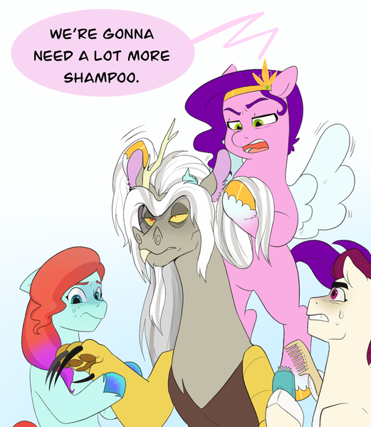 Size: 1777x2048 | Tagged: safe, artist:aztrial, derpibooru import, idw, discord, pipp petals, draconequus, earth pony, pegasus, pony, my little pony: a new generation, spoiler:comic, spoiler:g5, spoiler:g5comic, brush, claws, female, g5, image, jazz (g5), makeover, male, mare, old man discord, png, razor, rocky (g5), scared, shampoo, stallion, sweat