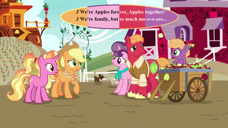 Size: 1280x720 | Tagged: safe, derpibooru import, edit, edited screencap, screencap, applejack, big macintosh, little mac, luster dawn, sugar belle, dog, pinkie apple pie, the last problem, apple, apple cart, applejack's hat, apples to the core, clothes, cowboy hat, cute, food, granny smith's shawl, hat, image, jackabetes, lyrics, macabetes, older, older applejack, older big macintosh, older sugar belle, png, scarf, singing, song reference, speech bubble, sugarbetes, sweet apple acres, text, vest