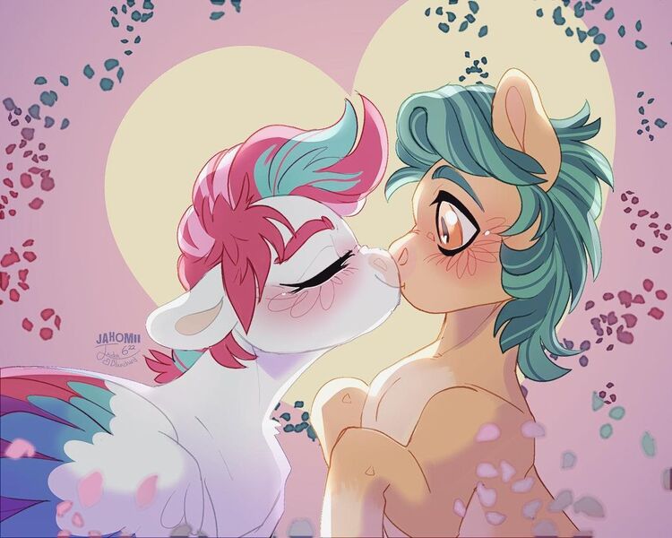 Size: 1080x864 | Tagged: safe, artist:jahomii, derpibooru import, hitch trailblazer, zipp storm, earth pony, pegasus, pony, blushing, duo, eyes closed, female, g5, hitchzipp, image, jpeg, kissing, male, shipping, straight