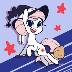 Size: 1280x1280 | Tagged: safe, artist:lilliesinthegarden, derpibooru import, nurse redheart, earth pony, pony, broom, cute, cutie mark, eyelashes, female, flying, flying broomstick, hat, heartabetes, image, nurse hat, open mouth, open smile, png, smiling, solo, solo female, stars, tail, witch hat