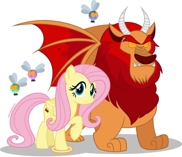 Size: 2945x2549 | Tagged: safe, artist:stellardusk, derpibooru import, fluttershy, manticore, parasprite, pegasus, pony, beast keeping coven, glow, glowing eyes, image, looking at you, mind control, png, simple background, the owl house, transparent background