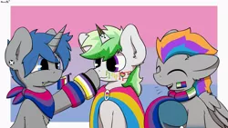 Size: 4444x2500 | Tagged: safe, artist:monycaalot, derpibooru import, oc, oc:far tail, oc:pixel codec, oc:techno muse, pegasus, pony, robot, robot pony, unicorn, bisexual pride flag, commission, heterochromia, image, male, nonbinary, pansexual pride flag, png, pride, pride flag, pride month, ych result