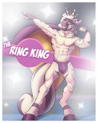 Size: 2000x2500 | Tagged: suggestive, artist:cocaine, derpibooru import, oc, oc:ring king, anthro, zebra, anthro oc, cape, clothes, crotch bulge, crown, flexing, image, jewelry, looking at you, male, mask, muscles, png, regalia, ring, smiling, solo, speedo, stallion, wrestler, zebra oc
