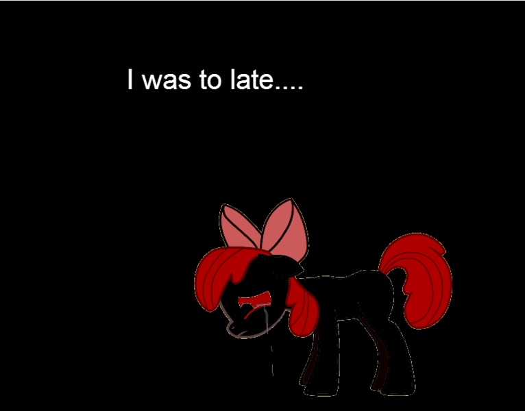 Size: 830x650 | Tagged: grimdark, artist:mia3193, derpibooru import, apple bloom, earth pony, pony, undead, zombie, zombie pony, story of the blanks, bad end, black background, blanked apple bloom, bow, crying, dialogue, female, filly, floppy ears, foal, frown, hair bow, image, looking down, png, red eyes, sad, simple background, text