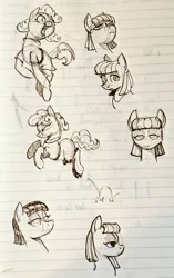 Size: 644x1024 | Tagged: safe, artist:mellodillo, derpibooru import, maud pie, earth pony, pony, behaving like pinkie pie, bust, female, image, jpeg, lined paper, mare, monochrome, personality swap, pronking, solo, traditional art