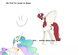 Size: 2222x1570 | Tagged: safe, artist:mia3193, derpibooru import, princess celestia, oc, oc:fausticorn, alicorn, pony, angry, celestia is not amused, crown, dialogue, female, horn, image, jewelry, lauren faust, mare, misspelling, png, regalia, simple background, smiley face, smiling, spread wings, sun, text, unamused, vote, white background, wings