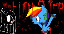 Size: 1221x655 | Tagged: grimdark, artist:mia3193, derpibooru import, pinkie pie, rainbow dash, earth pony, pegasus, pony, fanfic:cupcakes, blood, crying, female, image, life is a party, mare, multicolored hair, pinkamena diane pie, png, rainbow hair, scared, smiling, tied down, torn wings, wings