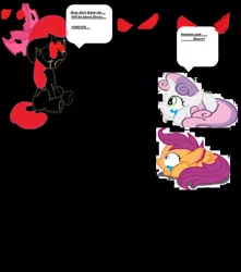 Size: 1152x1301 | Tagged: grimdark, artist:mia3193, derpibooru import, apple bloom, scootaloo, sweetie belle, earth pony, pegasus, pony, undead, unicorn, zombie, zombie pony, story of the blanks, bad end, blanked apple bloom, bow, crying, cutie mark crusaders, darkness, dialogue, female, filly, foal, hair bow, hole, horn, image, png, red eyes, sad, scared, shrunken pupils, speech bubble, text, wings, zalgo