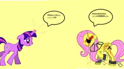 Size: 1024x578 | Tagged: grimdark, artist:mia3193, derpibooru import, fluttershy, twilight sparkle, pegasus, pony, unicorn, pony creator, amnesia: the dark descent, amnesiashy, blood, chains, dialogue, female, floppy ears, horn, image, jpeg, magic, mare, sad, scared, simple background, speech bubble, text, torn ear, unicorn twilight, walking, wheel, wings, yellow background, zalgo