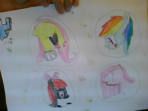 Size: 500x375 | Tagged: grimdark, artist:mia3193, derpibooru import, apple bloom, fluttershy, pinkie pie, rainbow dash, earth pony, pegasus, pony, undead, zombie, zombie pony, fanfic:cupcakes, fanfic:rainbow factory, story of the blanks, amnesia: the dark descent, bad end, blanked apple bloom, blood, bow, evil pinkie pie, evil rainbow dash, female, filly, floppy ears, foal, hair bow, image, jpeg, mare, pencil drawing, pinkamena diane pie, rainbow factory dash, sad, smiling, traditional art, wheel, zalgo