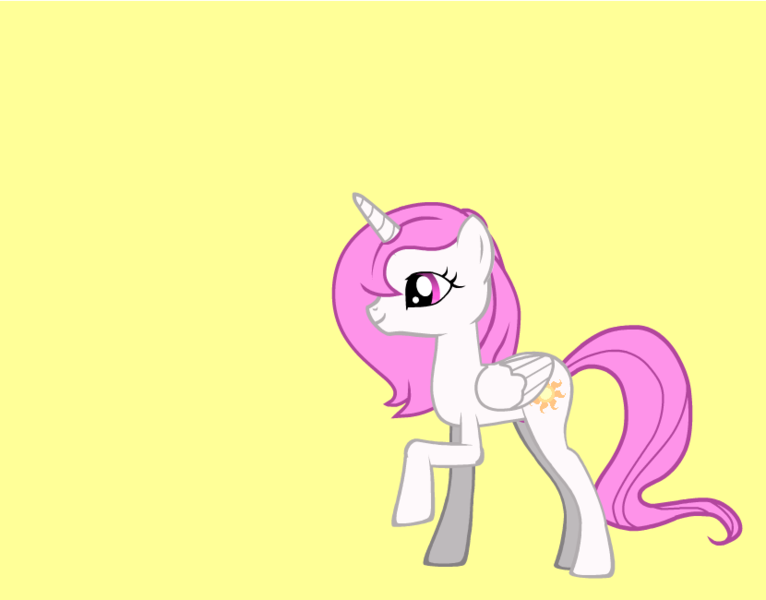 Size: 830x650 | Tagged: safe, artist:mia3193, derpibooru import, princess celestia, alicorn, pony, pony creator, female, horn, image, mare, pink-mane celestia, png, raised hoof, simple background, smiling, sun, wings, yellow background