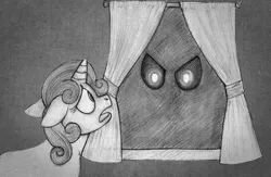 Size: 897x584 | Tagged: grimdark, artist:aisu-isme, derpibooru import, sweetie belle, pony, unicorn, fanfic:red eye, black and white, curtains, darkness, eyes in the dark, female, filly, floppy ears, foal, glow, glowing eyes, grayscale, horn, image, monochrome, night, png, scared, window