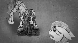 Size: 1049x580 | Tagged: grimdark, artist:aisu-isme, derpibooru import, fluttershy, oc, oc:varinia, lich, pegasus, pony, undead, unicorn, zombie, zombie pony, fanfic:red eye, black and white, blood, female, grayscale, horn, image, mare, monochrome, png, scared, zalgo