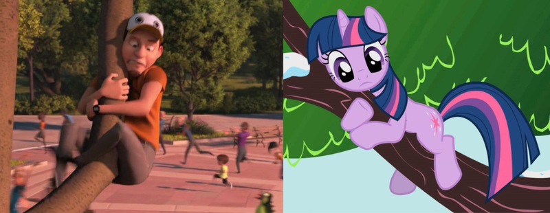 Size: 1900x736 | Tagged: safe, derpibooru import, edit, edited screencap, screencap, twilight sparkle, human, unicorn, season 1, winter wrap up, coincidence i think not, comparison, dreamworks, female, image, jpeg, looking down, male, penguins of madagascar (movie), scared, the penguins of madagascar, tree, tree branch, unicorn twilight