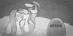 Size: 1154x571 | Tagged: safe, artist:aisu-isme, derpibooru import, fluttershy, pegasus, pony, fanfic:red eye, bandage, black and white, female, floppy ears, gravestone, grayscale, image, implied death, implied spike, mare, monochrome, png, sad, text, walking, wings