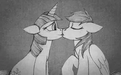 Size: 922x570 | Tagged: safe, artist:aisu-isme, derpibooru import, rainbow dash, twilight sparkle, pegasus, pony, unicorn, fanfic:red eye, black and white, eyes closed, female, grayscale, horn, image, kissing, lesbian, mare, monochrome, png, shipping, sitting, twidash, unicorn twilight, wings