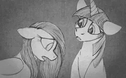 Size: 940x587 | Tagged: safe, artist:aisu-isme, derpibooru import, fluttershy, twilight sparkle, pegasus, pony, unicorn, fanfic:red eye, black and white, female, grayscale, horn, image, looking down, mare, monochrome, png, sad, unicorn twilight, wings