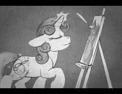 Size: 907x700 | Tagged: safe, artist:aisu-isme, derpibooru import, sweetie belle, pony, unicorn, fanfic:red eye, black and white, canvas, eyes closed, female, filly, foal, grayscale, horn, image, magic, monochrome, paint, paintbrush, painting, png, raised hoof, smiling, sparkles
