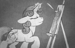 Size: 907x593 | Tagged: safe, artist:aisu-isme, derpibooru import, sweetie belle, pony, unicorn, fanfic:red eye, alternate cutie mark, black and white, canvas, eyes closed, female, filly, foal, grayscale, horn, image, magic, monochrome, paint, paintbrush, painting, png, raised hoof, smiling, sparkles
