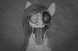 Size: 881x583 | Tagged: grimdark, artist:aisu-isme, derpibooru import, fluttershy, lich, pegasus, pony, undead, zombie, zombie pony, fanfic:red eye, black and white, blood, female, flesh, grayscale, image, mare, monochrome, png, tongue out, zalgo