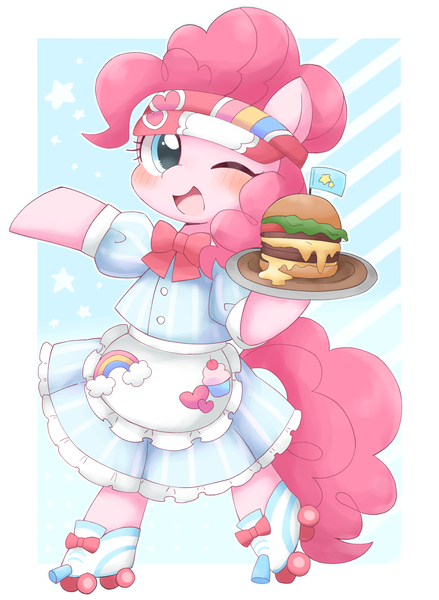 Size: 1556x2128 | Tagged: safe, artist:ginmaruxx, artist:kuzuyukuro, derpibooru import, pinkie pie, earth pony, pony, bipedal, blushing, bow, burger, cheeseburger, clothes, cute, diapinkes, dress, female, food, hamburger, headband, heart, image, jpeg, looking at you, mare, one eye closed, open mouth, open smile, plate, roller skates, simple background, smiling, smiling at you, solo, stars, waitress, white background, wink, winking at you