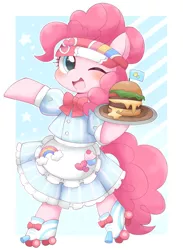 Size: 1556x2128 | Tagged: safe, artist:ginmaruxx, artist:kuzuyukuro, derpibooru import, pinkie pie, earth pony, pony, bipedal, blushing, bow, burger, cheeseburger, clothes, cute, diapinkes, dress, female, food, hamburger, headband, heart, image, jpeg, looking at you, mare, one eye closed, open mouth, open smile, plate, roller skates, simple background, smiling, smiling at you, solo, stars, waitress, white background, wink, winking at you
