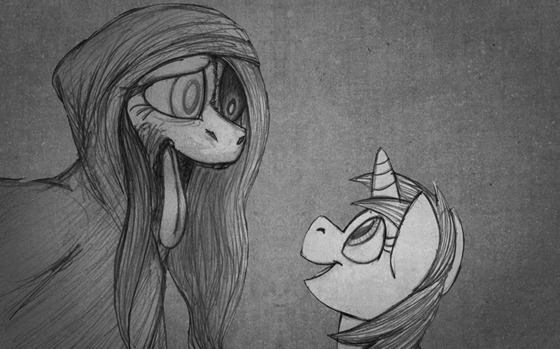 Size: 929x578 | Tagged: grimdark, artist:aisu-isme, derpibooru import, fluttershy, oc, oc:timpani, lich, pegasus, pony, undead, unicorn, zombie, zombie pony, fanfic:red eye, black and white, cloak, clothes, female, filly, foal, grayscale, horn, image, mare, monochrome, png, smiling, zalgo