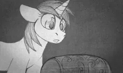 Size: 999x590 | Tagged: safe, artist:aisu-isme, derpibooru import, oc, oc:timpani, unofficial characters only, pony, unicorn, fanfic:red eye, black and white, box, female, filly, foal, grayscale, horn, image, monochrome, png
