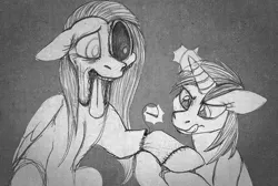 Size: 868x585 | Tagged: grimdark, artist:aisu-isme, derpibooru import, fluttershy, oc, oc:timpani, lich, pegasus, pony, undead, unicorn, zombie, zombie pony, fanfic:red eye, black and white, female, filly, floppy ears, foal, grayscale, horn, image, magic, mare, monochrome, png, sewing, stitches, tongue out, wings, zalgo