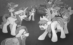 Size: 938x586 | Tagged: safe, artist:aisu-isme, derpibooru import, apple bloom, applejack, fluttershy, pinkie pie, rainbow dash, rarity, scootaloo, sweetie belle, oc, oc:timpani, lich, pony, undead, zombie, zombie pony, fanfic:red eye, angry, applejack's hat, black and white, bow, cowboy hat, crying, cutie mark crusaders, floppy ears, gravestone, grayscale, hair bow, hat, horn, image, implied death, implied twilight sparkle, monochrome, png, rest in peace, sad, spread wings, stitches, text, wings