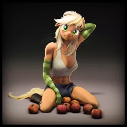 Size: 5400x5400 | Tagged: safe, artist:imafutureguitarhero, derpibooru import, applejack, anthro, earth pony, pony, unguligrade anthro, art pack:pin-up paradise 2022, 3d, :p, abs, absurd resolution, adorasexy, apple, arm behind head, arm fluff, armpits, belly button, belly fluff, boots, border, breasts, busty applejack, cheek fluff, chest freckles, chromatic aberration, clothes, colored eyebrows, colored eyelashes, cute, denim, ear fluff, evening gloves, female, film grain, fingerless elbow gloves, fingerless gloves, floppy ears, fluffy, fluffy hair, fluffy mane, fluffy tail, food, freckles, fur, gloves, gradient background, hatless, head tilt, image, jackabetes, jeans, jpeg, kneeling, leather, leather boots, leg fluff, long gloves, looking at you, mare, midriff, missing accessory, nose wrinkle, on floor, one arm up, one ear down, paintover, pants, revamped anthros, revamped ponies, ripped jeans, ripped pants, sexy, shadow, shoes, short jeans, shorts, shoulder fluff, signature, smiling, smiling at you, solo, source filmmaker, square, striped gloves, tail, tanktop, that pony sure does love apples, tongue out, torn clothes, underwear, wall of tags