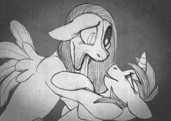 Size: 821x585 | Tagged: grimdark, artist:aisu-isme, derpibooru import, fluttershy, oc, oc:timpani, lich, pegasus, pony, undead, unicorn, zombie, zombie pony, fanfic:red eye, black and white, female, filly, floppy ears, foal, grayscale, horn, image, mare, monochrome, png, smiling, spread wings, stitches, wings, zalgo