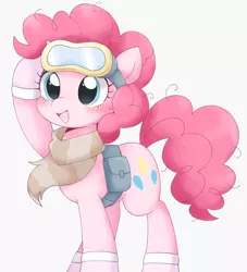 Size: 1863x2052 | Tagged: safe, artist:ginmaruxx, artist:kuzuyukuro, derpibooru import, pinkie pie, earth pony, pony, bag, blushing, clothes, cute, diapinkes, dusk till dawn, female, goggles, image, jpeg, mare, open mouth, open smile, raised hoof, scarf, simple background, smiling, solo, white background