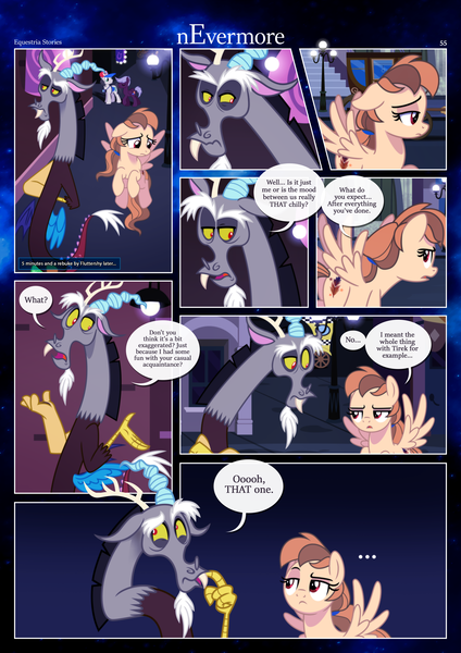 Size: 3259x4607 | Tagged: safe, artist:estories, derpibooru import, discord, oc, oc:alice goldenfeather, draconequus, pegasus, comic:nevermore, ..., comic, image, pegasus oc, png, speech bubble, wings