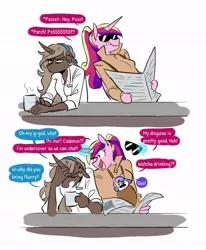 Size: 816x989 | Tagged: safe, artist:redxbacon, derpibooru import, princess cadance, princess flurry heart, oc, oc:parch well, alicorn, anthro, pegasus, unicorn, baby, clothes, coffee, comic, dialogue, disguise, fake moustache, image, jpeg, paper-thin disguise, simple background, stuttering, sunglasses, trenchcoat, white background