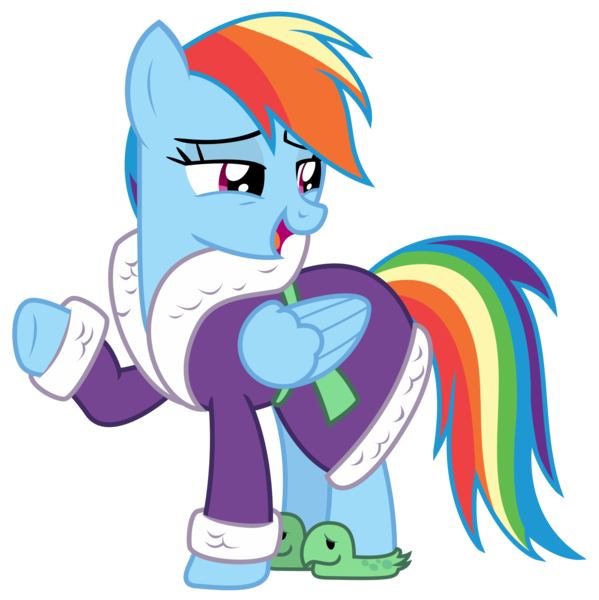 Size: 1672x1675 | Tagged: safe, artist:sketchmcreations, derpibooru import, rainbow dash, pegasus, pony, applejack's "day" off, bathrobe, clothes, female, image, lidded eyes, looking right, mare, open mouth, png, raised hoof, robe, simple background, slippers, smiling, spa robe, tank slippers, transparent background, vector