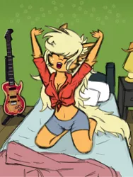 Size: 3000x4000 | Tagged: safe, artist:toxinagraphica, derpibooru import, applejack, anthro, pony, unguligrade anthro, applejack's hat, bed, bedside stand, blanket, breasts, cheek fluff, clothes, colored sketch, cowboy hat, dishevelled, ear fluff, electric guitar, female, flower, fluffy, guitar, hands up, hat, image, lamp, mare, musical instrument, pillow, png, shirt, shorts, sketch, solo