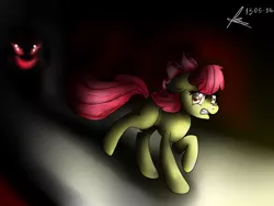 Size: 900x675 | Tagged: grimdark, artist:ghostwolf-art, derpibooru import, apple bloom, earth pony, pony, bloom and gloom, season 5, bow, darkness, female, filly, foal, hair bow, image, png, red eyes, running, scared, shadow, shadow bloom, signature, smiling