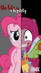 Size: 755x1342 | Tagged: safe, derpibooru import, pinkie pie, earth pony, pony, fanfic:cupcakes, blood, clothes, cutie mark dress, dress, fake wings, female, image, jpeg, life is a party, mare, pinkamena diane pie, shrunken pupils, smiling, text, two sides, wings