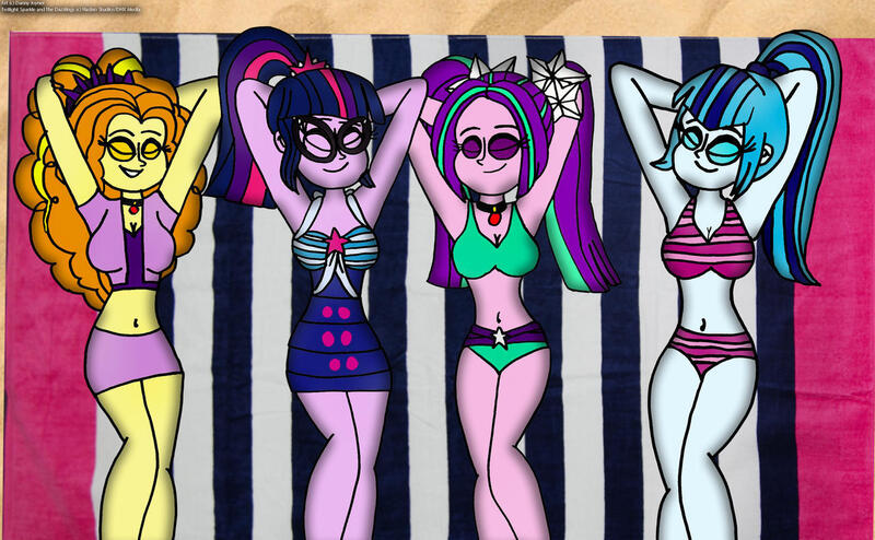 Size: 1280x790 | Tagged: safe, artist:rdj1995, derpibooru import, adagio dazzle, aria blaze, sci-twi, sonata dusk, twilight sparkle, equestria girls, armpits, beach, belly button, bikini, clothes, eyes closed, image, jpeg, resting, sexy, swimsuit, the dazzlings